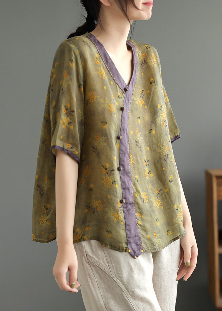 Loose Yellow V Neck Button Ramie Top Summer