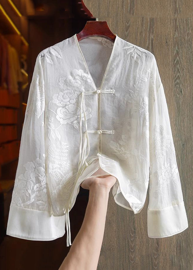 Loose Yellow V Neck Embroidered Button Silk Shirts Spring