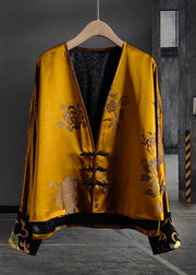 Loose Yellow V Neck Patchwork Jacquard Silk Outwear Long Sleeve