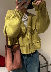 Loose Yellow V Neck Zip Up Knit Sweaters Coat Fall