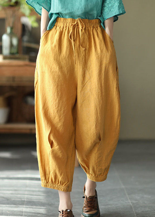 Loose Yellow Wrinkled Patchwork Drawstring Linen Pants Summer