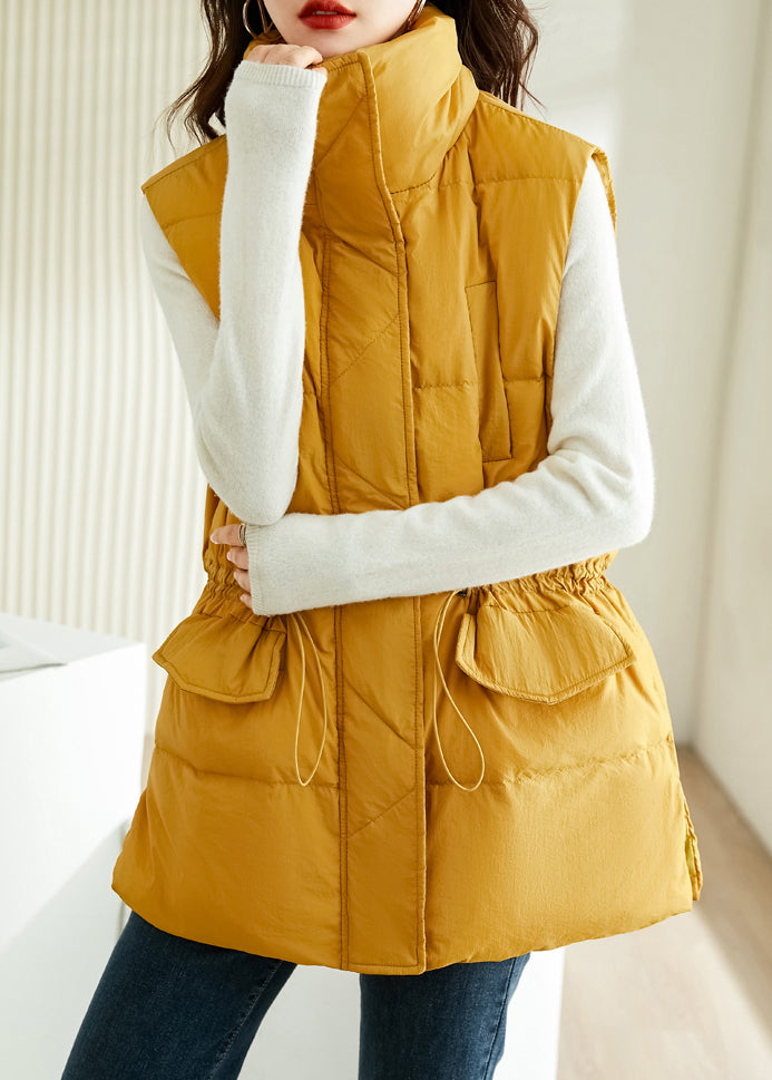 Loose Yellow Zip Up Drawstring Cotton Filled Waistcoat Sleeveless