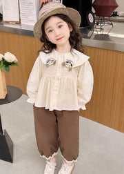 Lovely Apricot Shirts And Coffee Crop Pants Cotton Girls Two Pieces Set Flare Sleeve