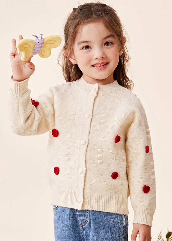 Lovely Beige O-Neck Button Cotton Knit Kids Sweaters Winter