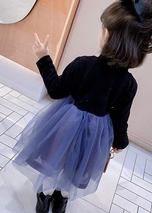 Lovely Black O Neck Tulle Bow Patchwork Warm Fleece Kids Girls Dresses Fall