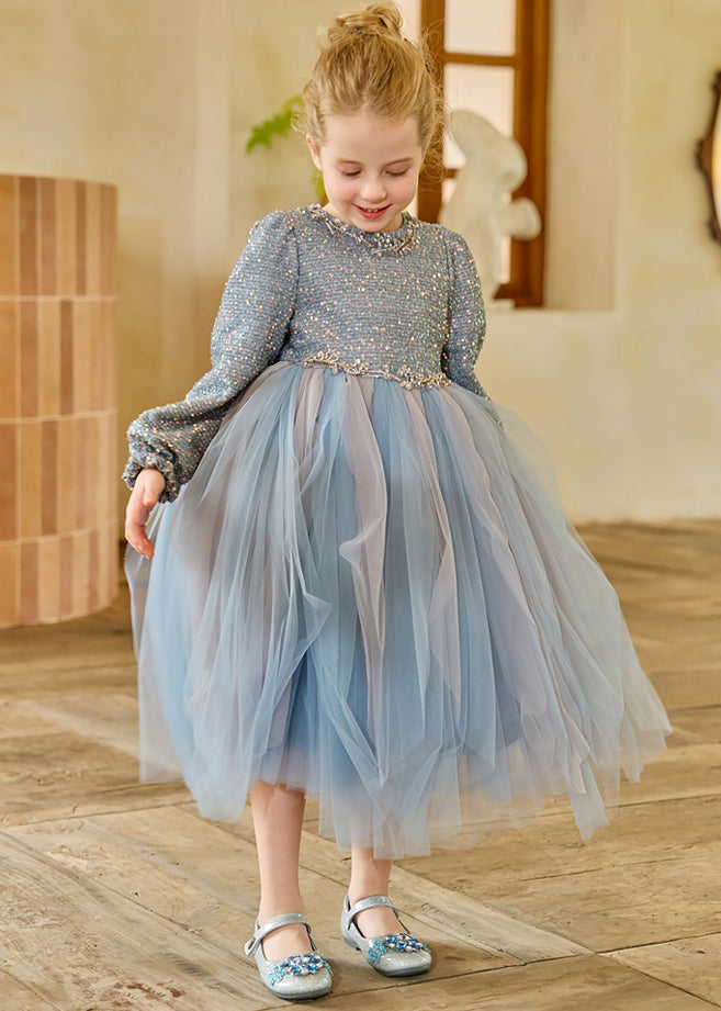 Lovely Blue O-Neck Tulle Patchwork Kids Long Dresses Fall