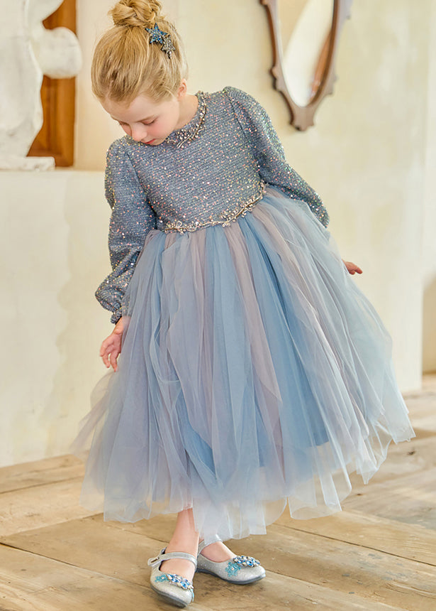 Lovely Blue O-Neck Tulle Patchwork Kids Long Dresses Fall