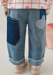 Lovely Blue Pockets Elastic Waist Denim Girls Pants Fall