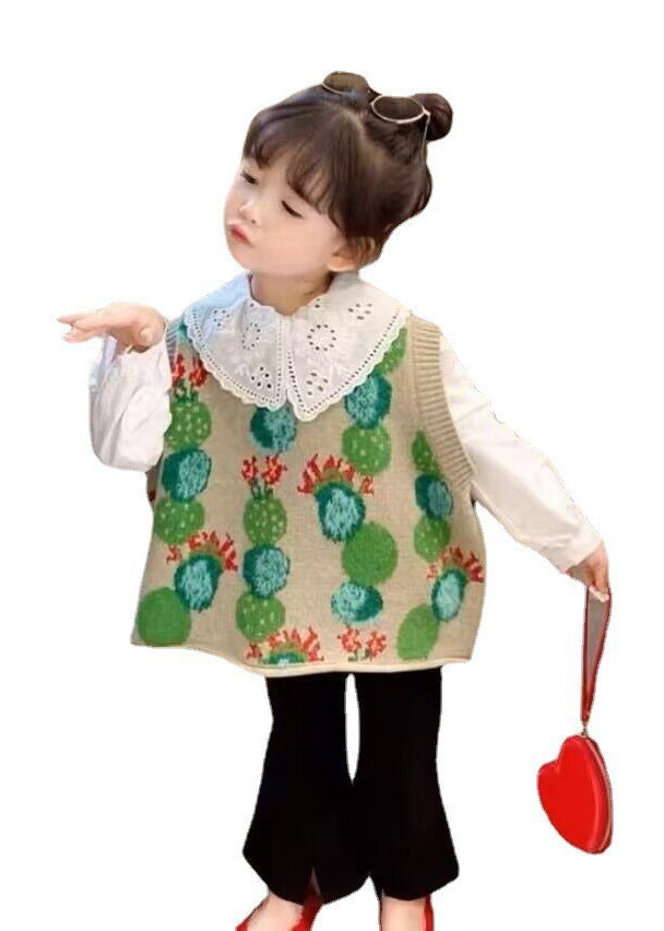 Lovely Green Peter Pan Collar Print Knit Kids Girls Three Piece Set Fall