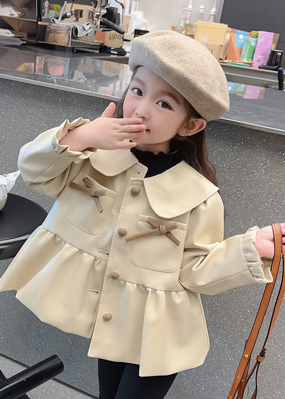 Lovely Khaki Peter Pan Collar Wrinkled Button Kids Trench Coats Fall