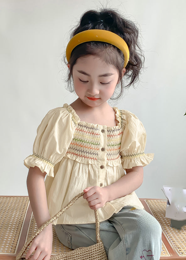 Lovely Light Yellow Ruffled Patchwork Wrinkled Kids Shirt Lantern Sleeve