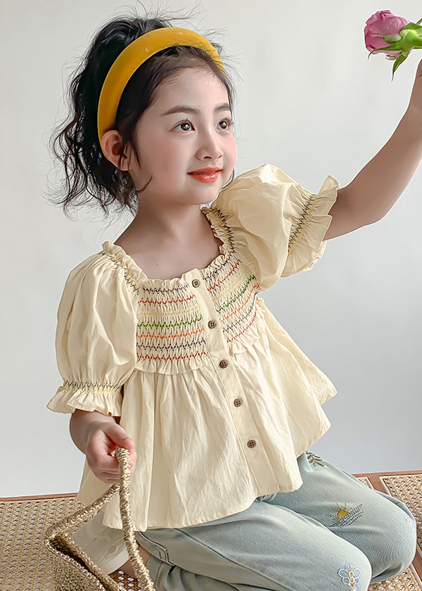 Lovely Light Yellow Ruffled Patchwork Wrinkled Kids Shirt Lantern Sleeve