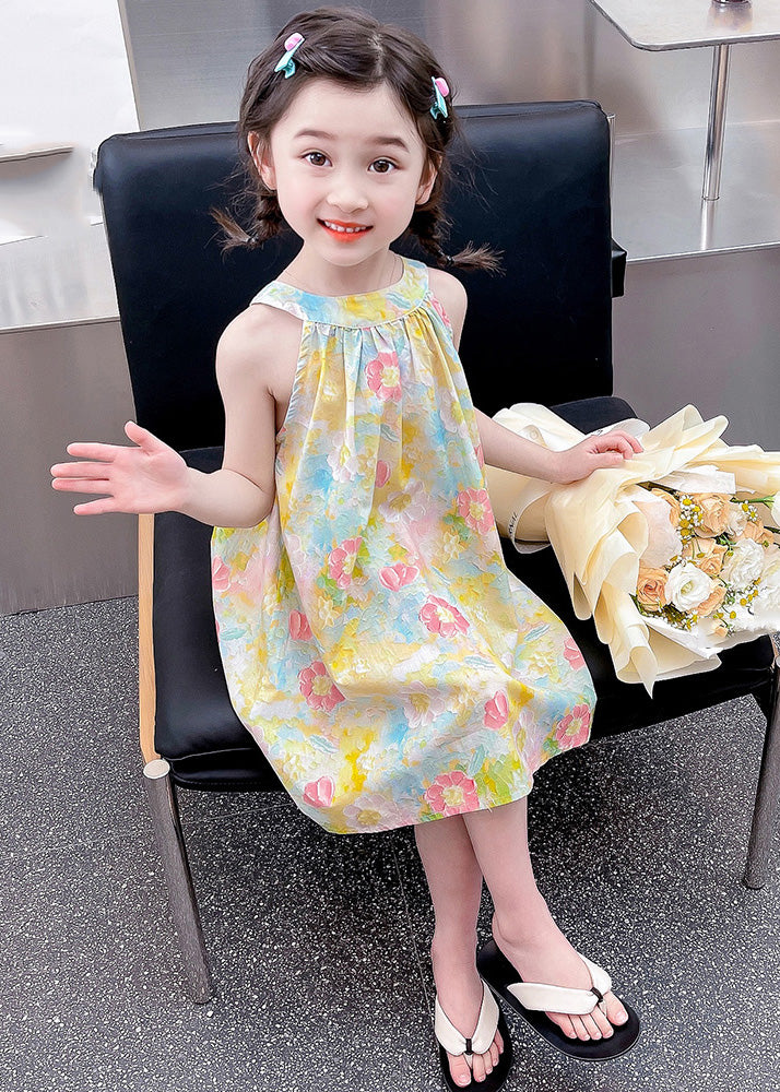 Lovely O-Neck Print Cotton Girls Slip Mid Dress Sleeveless