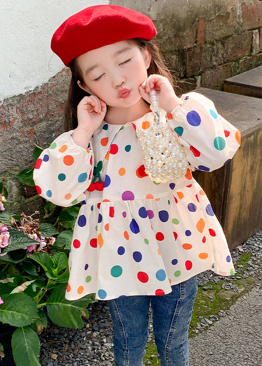 Lovely Peter Pan Collar Dot Cotton Girls Tops Long Sleeve