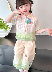 Lovely Pink Chinese Button Print Patchwork Cotton Kids Girls Two Piece Suit Summer