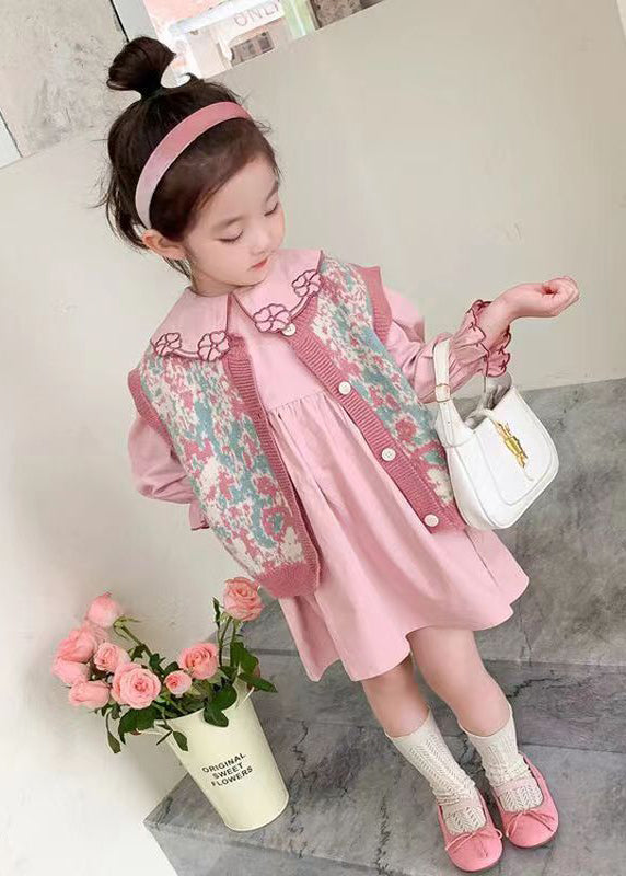 Lovely Pink Floral Vest And Dresses Cotton Baby Girls Two Pieces Set Fall