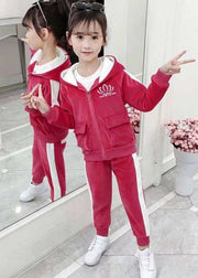 Lovely Pink Hooded Zippered Pockets Warm Fleece Girls Two Pieces Set Winter