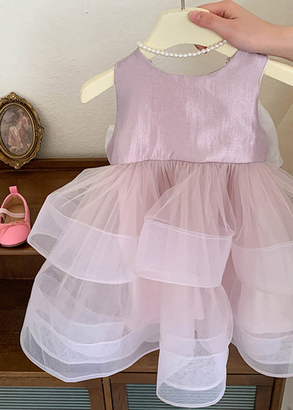 Lovely Pink O-Neck Patchwork Layered Tulle Kids Girls Dress Summer