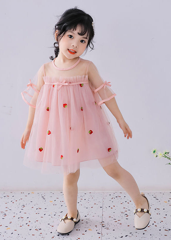 Lovely Pink O-Neck Patchwork Strawberry Tulle Kids Girls Mid Dress Short Sleeve