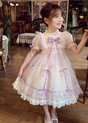 Lovely Pink Patchwork Wrinkled Bow Tulle Kids Mid Dress Short Sleeve