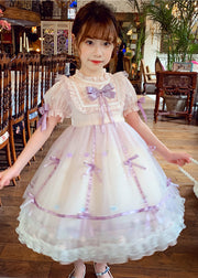 Lovely Pink Patchwork Wrinkled Bow Tulle Kids Mid Dress Short Sleeve