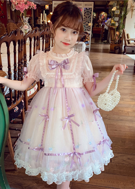 Lovely Pink Patchwork Wrinkled Bow Tulle Kids Mid Dress Short Sleeve