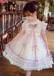 Lovely Pink Patchwork Wrinkled Bow Tulle Kids Mid Dress Short Sleeve