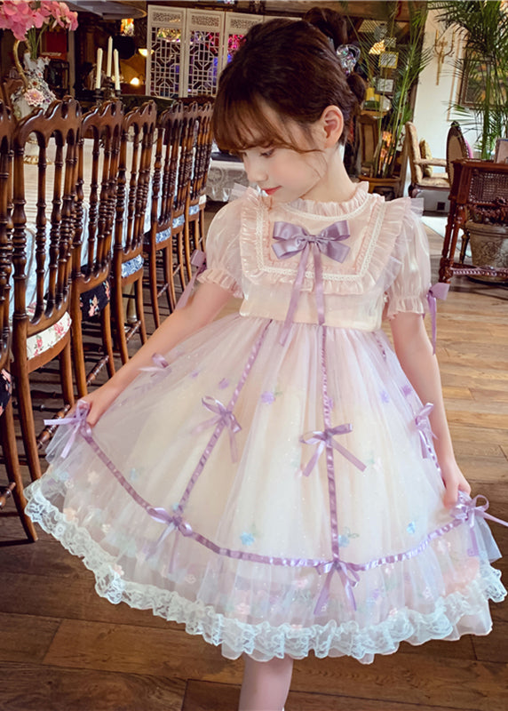 Lovely Pink Patchwork Wrinkled Bow Tulle Kids Mid Dress Short Sleeve