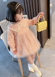 Lovely Pink Peter Pan Collar Dot Tulle Patchwork Kids Vacation Maxi Dresses Fall