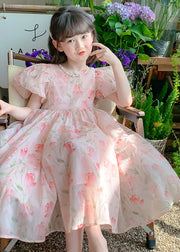 Lovely Pink Print Wrinkled Chiffon Girls Long Dress Short Sleeve