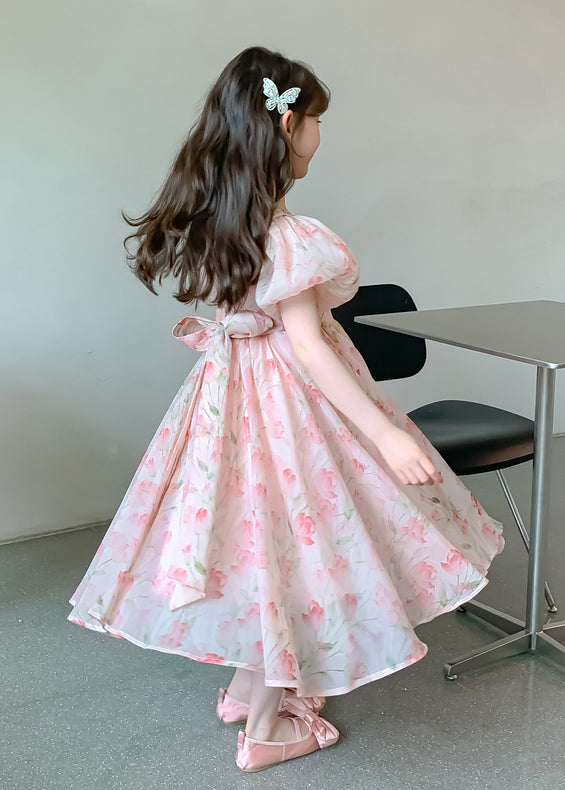 Lovely Pink Print Wrinkled Chiffon Girls Long Dress Short Sleeve