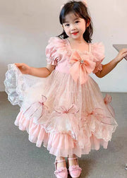 Lovely Pink Ruffled Bow Patchwork Tulle Baby Girls Princess Dress Summer