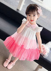 Lovely Pink Ruffled Patchwork Tulle Kids Layered Maxi Dresses Sleeveless