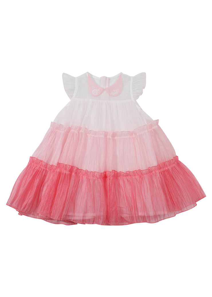 Lovely Pink Ruffled Patchwork Tulle Kids Layered Maxi Dresses Sleeveless