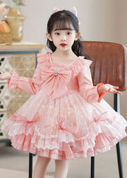 Lovely Pink Square Collar Bow Patchwork Tulle Kids Mid Dresses Long Sleeve