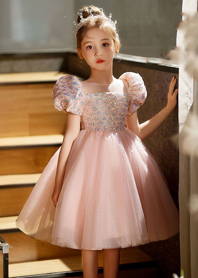 Lovely Pink Square Collar Patchwork Tulle Kids Long Dresses Short Sleeve