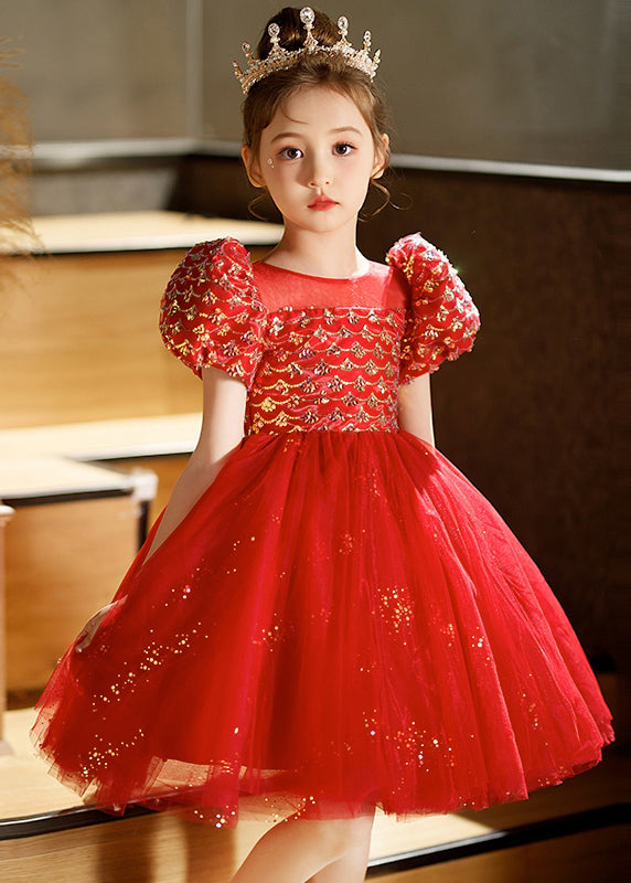 Lovely Pink Square Collar Patchwork Tulle Kids Long Dresses Short Sleeve