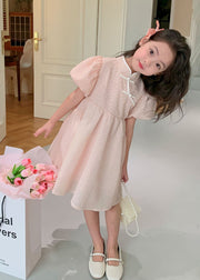 Lovely Pink Stand Collar Button Patchwork Cotton Kids Girls Dresses Summer