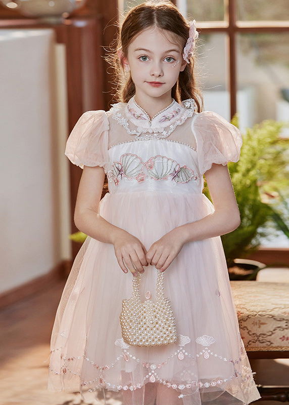 Lovely Pink Stand Collar Embroideried Lace Patchwork Tulle Baby Girls Mid Dress Short Sleeve