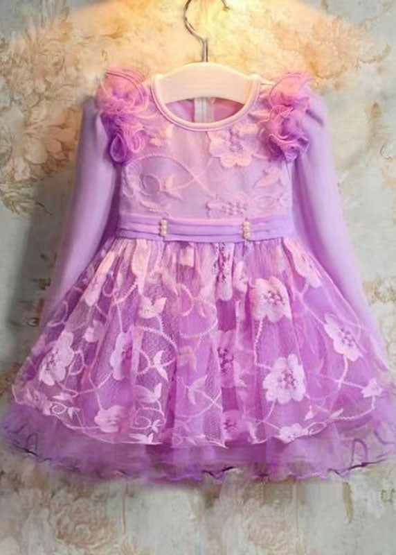 Lovely Purple Embroideried Patchwork Tulle Kids Long Dress Long Sleeve