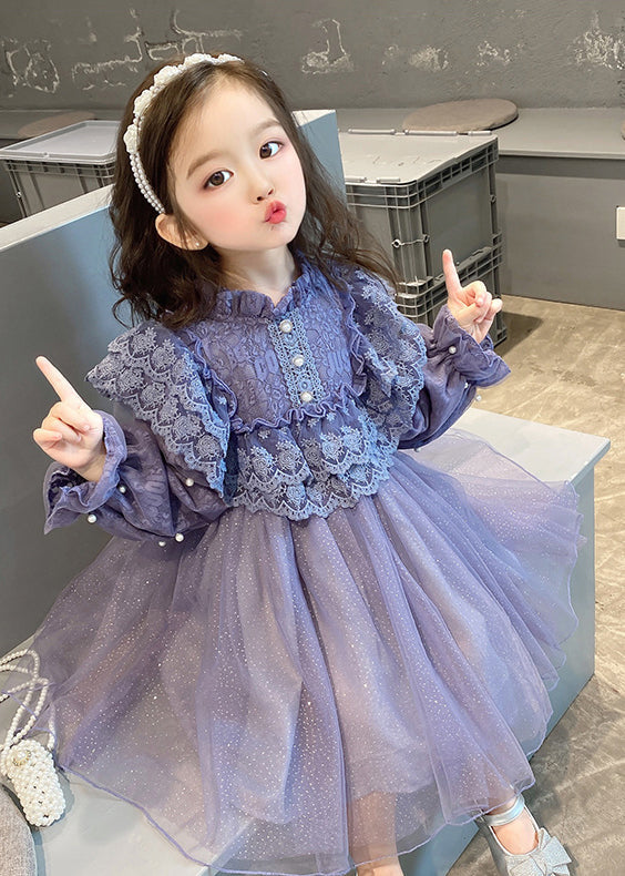 Lovely Purple Ruffled Lace Patchwork Tulle Baby Girls Dress Fall