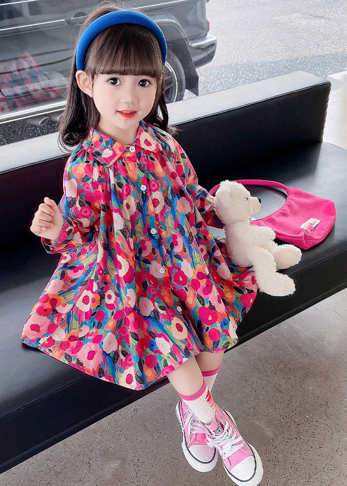 Lovely Rainbow Peter Pan Collar Print Kids Mid Dress Fall