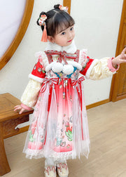 Lovely Steawberry Rabbit Print Patchwork Warm Fleece Kids Tulle Long Dress Long Sleeve