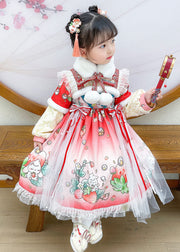 Lovely Steawberry Rabbit Print Patchwork Warm Fleece Kids Tulle Long Dress Long Sleeve