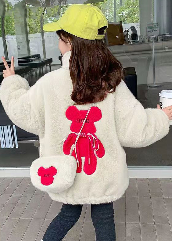 Lovely White Embroideried Pockets Warm Fleece Kids Girls Coats Winter