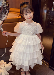 Lovely White Patchwork Sequins Tulle Kids Long Cake Dresses Summer