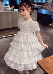 Lovely White Patchwork Sequins Tulle Kids Long Cake Dresses Summer