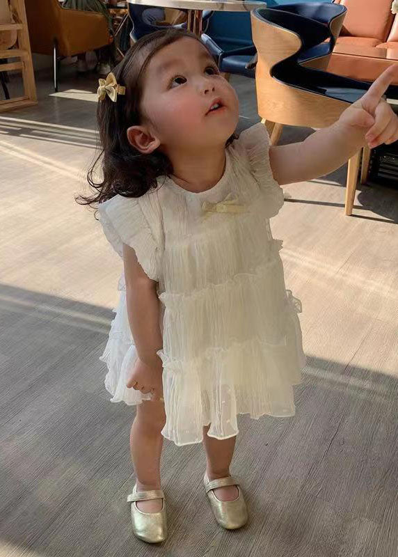 Lovely White Ruffled Patchwork Chiffon Kids Girls Long Dresses Summer