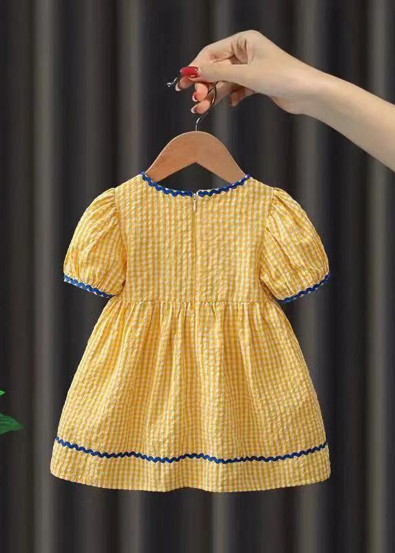 Lovely Yellow Plaid Floral Patchwork Cotton Baby Maxi Dress Short Sleeve