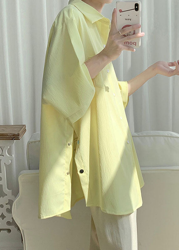 Man Yellow Side Open Button Chiffon Shirts Half Sleeve